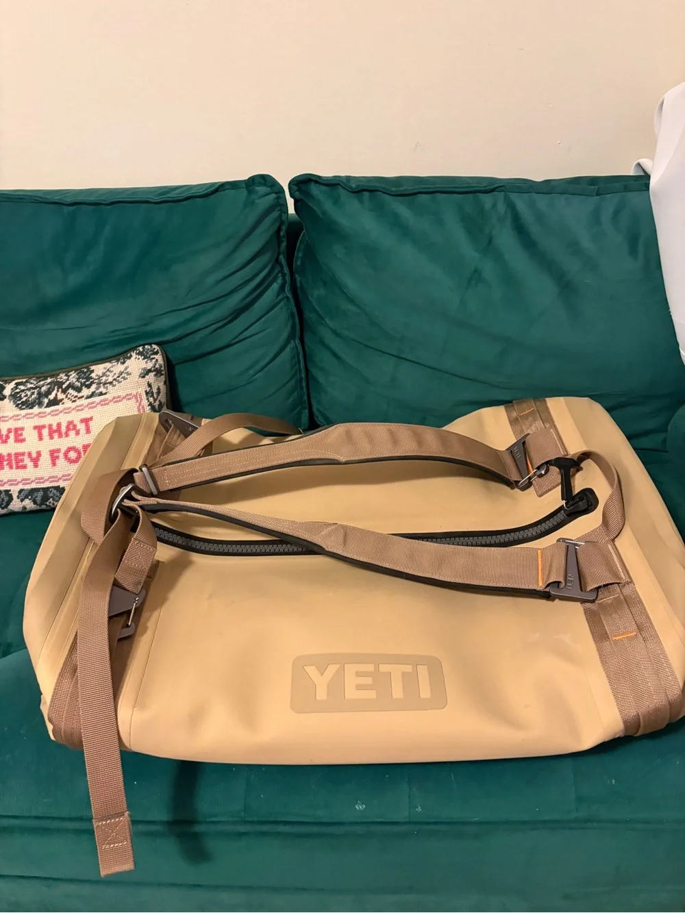 Yeti 50L Waterproof Duffel in Tan with Brown Straps